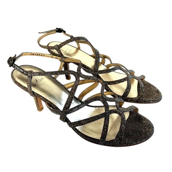 Stuart Weitzman Turning Up Pyrite Nocturn Sandals Dressy Heels Gold Size 8 M - Picture 1 of 11